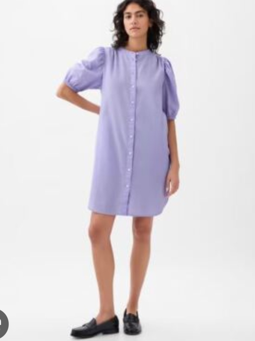 GAP Lilac Button-Front Puff-Sleeve Dress LINEN BLEND